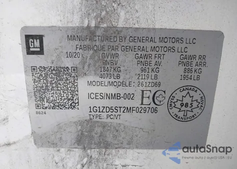 2021 Chevrolet Malibu из США, поврежденный, VIN 1G1ZD5ST2MF029706